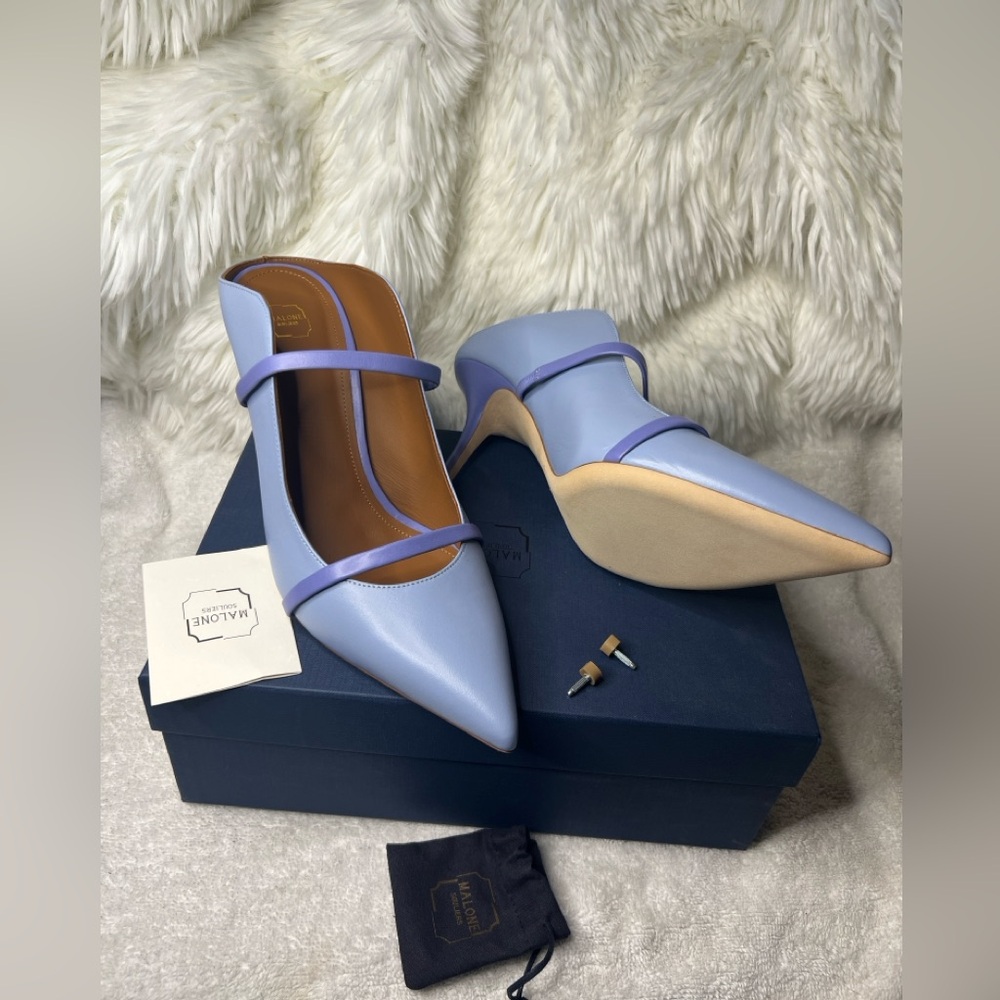 Malone Souliers Maureen Leather Dual-band 70mm Blue Mules Pump SZ 42.5EU/12.5US - Picture 3 of 11